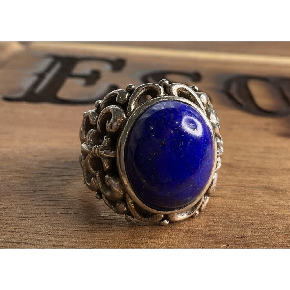 Vintage Lapis Lazuli Sterling Silver Ring Thailand J Filigree Statement Size 7.5